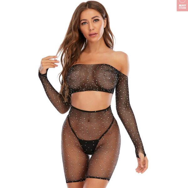 Sexy lingerie and fashionable fishnet Mesh Bodysuit, Hot Fix Rhinestones Women's Mesh babydoll Lingerie - Image 2