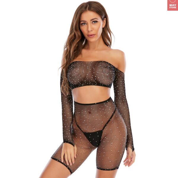 Sexy lingerie and fashionable fishnet Mesh Bodysuit, Hot Fix Rhinestones Women's Mesh babydoll Lingerie - Image 3