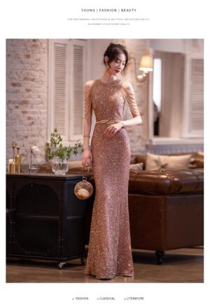 Shimmering fishtail skirt for women, the new autumn and winter collection of 2024. This golden evening dress exudes a high-end and luxurious vibe, perfect for hosting annual meetings.