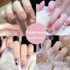 Nail York French Short Fake Nails with Nail Art  Tips | The Pink Wearable Press on False Nails with Designs of Full Cover and Clear Tips for Nail Salon Nail Supplies 24pcs