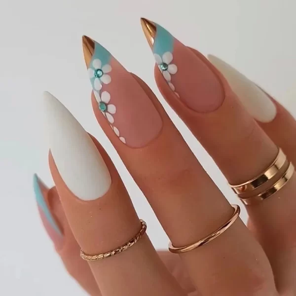 24 pieces of long stiletto false nails with a flower tree design. These French fake nails are wearable and can be easily pressed on. They have a stylish leopard print design, perfect for a manicure. - Image 2