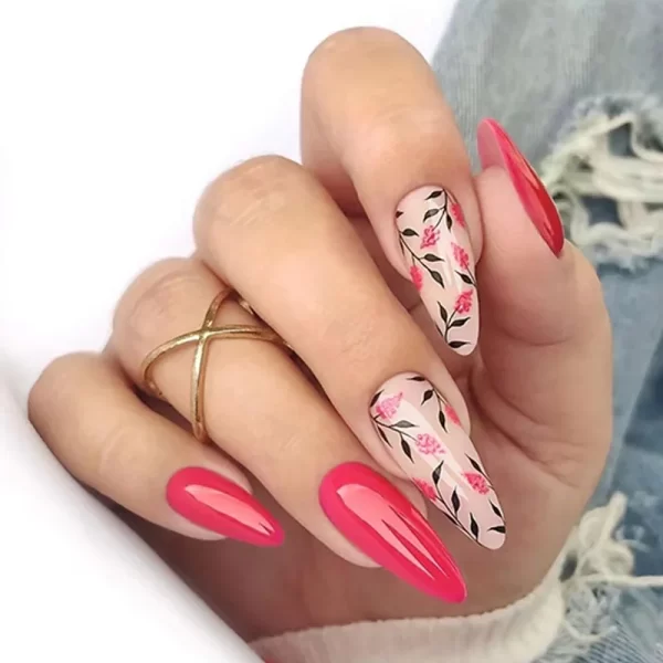 24 pieces of long stiletto false nails with a flower tree design. These French fake nails are wearable and can be easily pressed on. They have a stylish leopard print design, perfect for a manicure. - Image 3