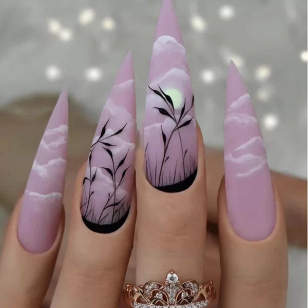 24 pieces of long stiletto false nails with a flower tree design. These French fake nails are wearable and can be easily pressed on. They have a stylish leopard print design, perfect for a manicure. - Image 4