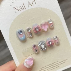 Short Pink Korean Kawaii Reusable Adhesive Fake Nails Charm Design Artifical Nail Tips Manicure Art – Handcrafted adorable press-on nails with a charming Korean-inspired pink design, reusable and easy to apply with adhesive. Enhance your manicure with these cute artificial nail tips.